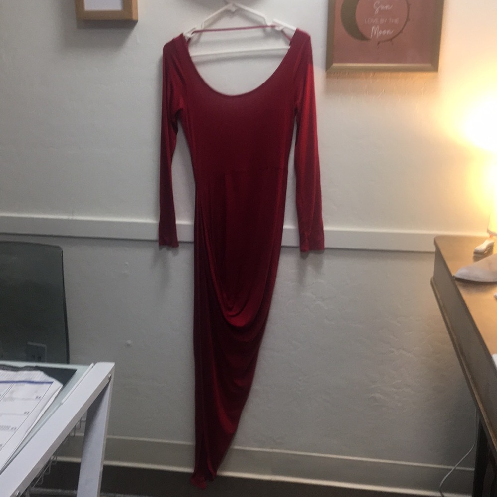 Long, sexy slinky red dress, Asymmetrical.